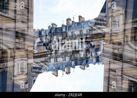 Doppelte Exposition des Gebäudes des Technologie- und Industriemuseums in der Rue Saint-Martin in Paris, Frankreich Stockfoto