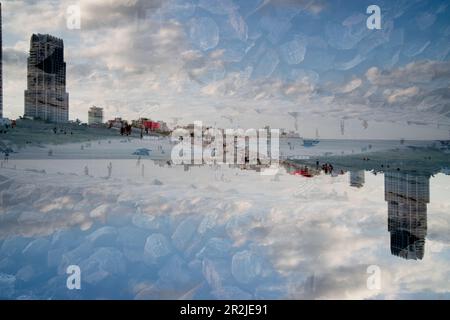 Doppelte Sicht auf Miami Beach vom South Pointe Park Pier, Florida Stockfoto
