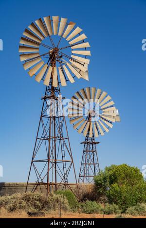 Blick auf zwei große Windmühlen vor einem klaren blauen Himmel in der Nähe von Broken Hill im Outback New South Wales, Australien. Stockfoto