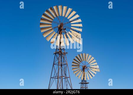 Blick auf zwei große Windmühlen vor einem klaren blauen Himmel in der Nähe von Broken Hill im Outback New South Wales, Australien. Stockfoto