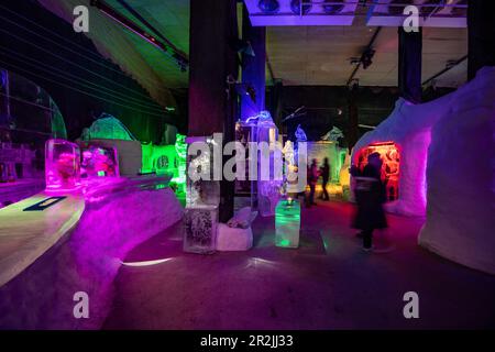 Farbenfroh beleuchtete Eisskulpturen im Magic Ice, der weltweit ersten permanenten Eisbar und Galerie, Svolvær, Lofoten, Nordland, Norwegen, Europa Stockfoto