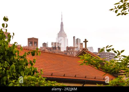 Blick vom High Line Park über die Dächer von Manhattan zum Empire State Building im Nebel, New York, USA Stockfoto