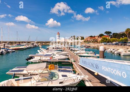 Die Yachten in der Marina de Cascais mit dem Leuchtturm von Santa Marta im Hafen von Cascais, Portugal Stockfoto