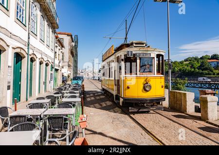 Die Straßenbahn nach Passeio Alegre führt durch eine enge Straße in der Altstadt am Ufer des Douro, Porto, Portugal Stockfoto