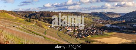 Panoramablick auf die Weinberge und entlang des Kocher-Tals über Criesbach und Ingelfingen in Hohenlohekreis, Baden-Württemberg, Deutschland Stockfoto