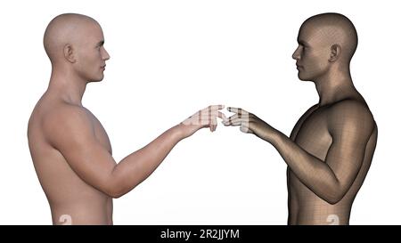 Mann und männliches Drahtmodell berühren sich mit Zeigefingern auf weißem Hintergrund. Stockfoto