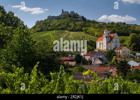 Burgruine Falkenstein, Kirche St. James der Ältere, Falkenstein bei Poysdorf, Weinviertel, Niederösterreich, Österreich Stockfoto