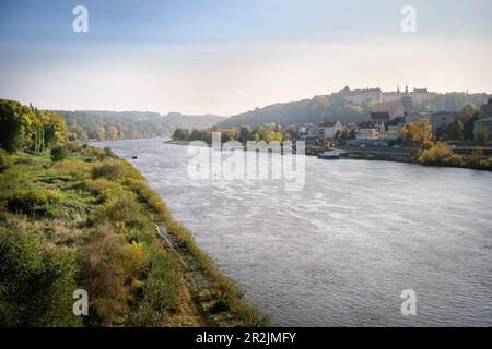 Blick über die Elbe bis zur Altstadt mit Schloss Sonnenstein, Pirna, sächsische Schweiz, Elbsandsteingebirge, Sachsen, Elbe, Deutschland, Europa Stockfoto