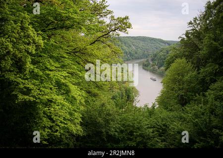 Blick von der Befreiungshalle in der Nähe von Kehlheim auf die Donauschlucht in Richtung Weltenburger Kloster, Niederbayern, Bayern, Deutschland, Donau, Eur Stockfoto