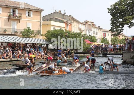 Flatboat-Rennen auf der Sorgue, L'Isle-sur-la-Sorgue, Vaucluse, Provence-Alpes-Côte d'Azur, Frankreich Stockfoto