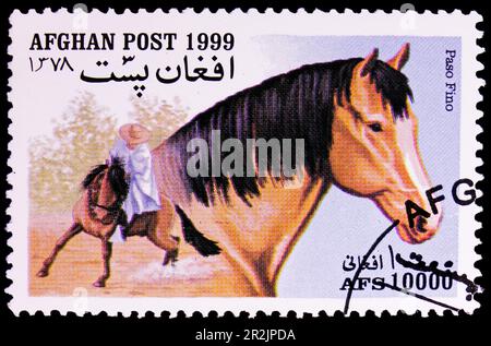 MOSKAU, RUSSLAND - 18. MAI 2023: Poststempel in Afghanistan zeigt Paso Fino (Equus ferus caballus), Pferdeserie, ca. 1999 Stockfoto