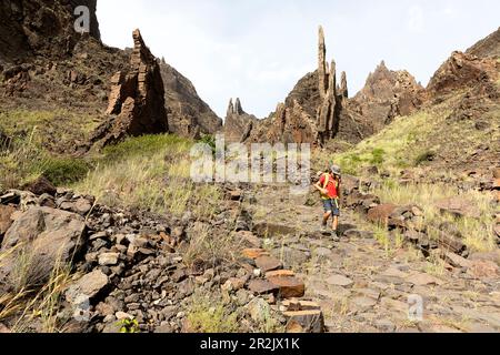 Junge, Teenager, Wanderer auf einem Wanderweg in den Schluchten in der Nähe von Cha de Morte, mit spektakulären Felsformationen umgeben, Santo Antao Insel, Cabo verde Stockfoto
