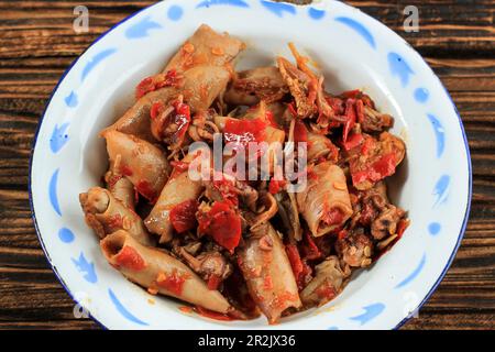 Nahaufnahme Tumis Cumi Asin, Sambal Cumi oder scharfer gesalzener Tintenfisch, indonesisches Tagesmenü traditionelles Gericht auf emailliertem Teller Stockfoto