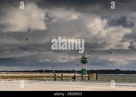 Frau mit Fahrrad vor einer Mole am Strand, Travemünde, Lübecker Bucht, Schleswig Holstein, Deutschland Stockfoto
