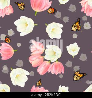 Aquarelle zeichnen ein harmonisches Bild von wunderschönen Blüten aus weißen und rosa Tulpen und fliegenden Schmetterlingen auf schwarzem Hintergrund. Handgemalte, luxuriöse Blumen Stockfoto