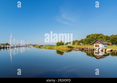 Altes Fährhaus in Moritzdorf mit Blick auf die Baabe Marina, Baabe, Insel Rügen, Mecklenburg-Vorpommern, Deutschland Stockfoto