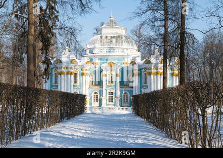 Blick auf den antiken Pavillon „Eremitage“ von der Gasse des Katharinenparks an einem Tag im Februar. Tsarskoye Selo. Sankt Petersburg, Russland Stockfoto