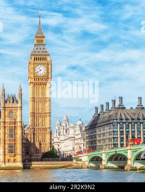 Blick auf Big Ben und Westminster Bridge, London, England, Großbritannien Stockfoto
