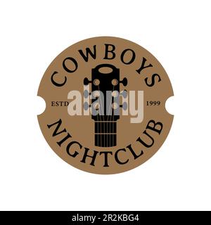 Vintage Retro Cross Country Gitarre für Saloon Bar Cowboy Music Logo Stempel, Emblem Gitarre Stock Vektor