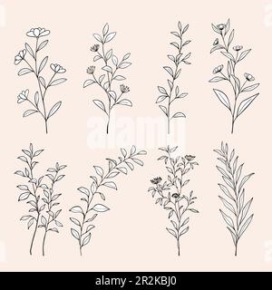Blumen Blumenzeichnung mit Linien. Handgezeichnete botanische Blumenblätter für die Hochzeitseinladung. Heben Sie die Datumskarte auf. Vektordarstellung. Stock Vektor