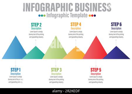Vorlage für Infografik zur Zeitachse mit 6 Schritten, 6 Option mit 6 Schritten und Startpunkt. Wachstumskurvendiagramm mit Beispieltext. Farbenfrohes und mehrfarbiges p Stock Vektor