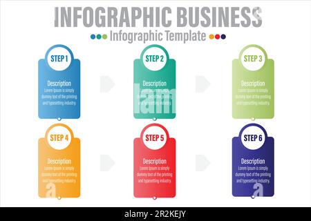 Konzeptprozess mit sechs 6-Schritten oder sechs 6-Optionen. Drei farbenfrohe Grafikelemente. Zeitleistendesign für Broschüren, Präsentationen, Websites. Infografik d Stock Vektor