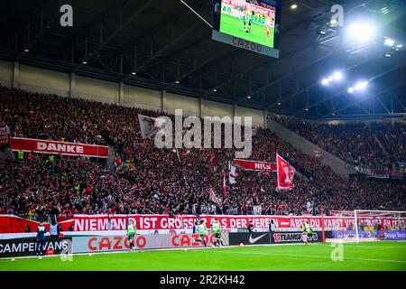 19. Mai 2023, Baden-Württemberg, Freiburg im Breisgau: Fußball: Bundesliga, SC Freiburg - VfL Wolfsburg, Spieltag 33, Europa-Park Stadion. Nach der Ersetzung von Freiburgs Petersen halten die Fans Poster mit der Aufschrift „Danke Nils, niemand ist größer als der Club, aber du warst verdammt nah dran“ hoch und machen eine Choreographie. Foto: Tom Weller/dpa - WICHTIGER HINWEIS: Gemäß den Anforderungen der DFL Deutsche Fußball Liga und des DFB Deutscher Fußball-Bund ist es verboten, im Stadion aufgenommene Fotos und/oder das Spiel in Form von Sequenzbildern und/oder Video-ähnlichen Bildern zu verwenden oder verwenden zu lassen Stockfoto