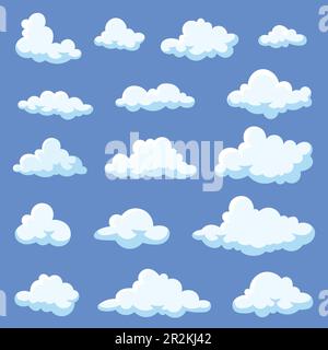 Eine Reihe von Cartoon-Wolken, isoliert auf blauem Hintergrund Stock Vektor