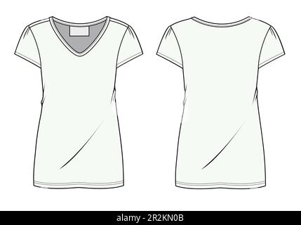 Damen Kurzarm V-Ausschnitt T-Shirt Vorder- und Rückansicht flache Zeichnung Vektor Illustration Mockup Vorlage. Stock Vektor