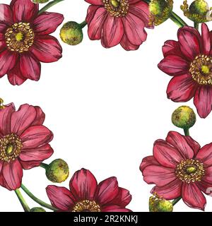Ein Rahmen aus pinkfarbenen Anemonblumen. Aquarelldarstellung auf weißem Hintergrund hervorgehoben. Geeignet für Postkarten, Einladungen, Urlaub Stockfoto