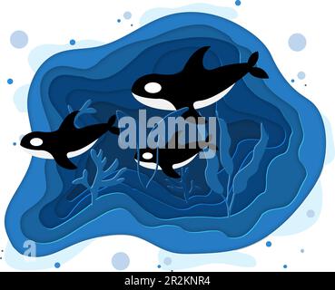 Vektordarstellung des Meeresbodens mit Wellen. Mit Papier geschnittener Vektor mit tiefem Stil. Tiefblaue Unterwasserwelt, Tauchkonzept. Meerestiere. Wal-Illustration. Stock Vektor