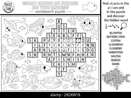 Vector Schwarzweiß unter dem Meer, Wortschreibrätsel für Kinder. Einfaches Quiz zur Suche nach Wörtern für Kinder. Wassertiere und Fischkolorin Stock Vektor