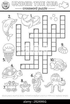 Vector Schwarzweiß unter dem Meer Kreuzworträtsel für Kinder. Einfaches Quiz zum Meeresleben für Kinder. Pädagogische Meeresaktivität, Färben p Stock Vektor