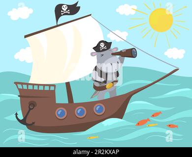 Piratenneppopotamus mit Ferngläsern Stock Vektor