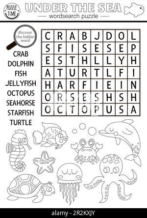 Vector Schwarzweiß unter dem Meer, Wortschreibrätsel für Kinder. Einfaches, einfaches Quiz zur Suche nach Wörtern in Ocean Life. Wassertiere und Fischerziehungsgesetz Stock Vektor