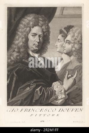 Jan Frans van Douven oder Johan Francois Douven, südländischer Porträtmaler der niederländischen Leyden-Schule, 1656-1727. Selbstporträt in Perücke und Kette, mit seinem Porträt des Elector Palatin Ehepaars Johann Wilhelm II. Und seiner zweiten Frau Anna Maria Luisa de' Medici. Gio. Francesco Douven, Pittore. Copperplate-Gravur von Pietro Antonio Pazzi nach Giovanni Domenico Ferretti nach einem Selbstportrait des Künstlers aus Francesco Moucke's Museo Florentino (Museum Florentinum), Serie di Ritratti de Pittori (Serie von Maler-Porträts) stamperia Mouckiana, Florenz, 1 Stockfoto