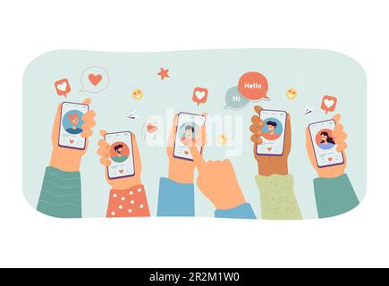 Mehrere Hände halten Smartphones mit Dating-App auf dem Bildschirm Stock Vektor