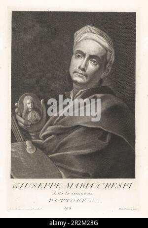 Giuseppe Maria Crespi, Spitzname Lo Spagnuolo (Spanier), italienischer, spätbarocker Maler der Bologneseschule, 1665-1747. Gemalte religiöse Gemälde, Genre-Szenen und Porträts. Mit einem Miniaturporträt, einer Palette und Pinseln. Pittore. Copperplate-Gravur von Pietro Antonio Pazzi nach Giovanni Domenico Campiglia nach einem Selbstportrait des Künstlers aus Francesco Moucke's Museo Florentino (Museum Florentinum), Serie di Ritratti de Pittori (Serie von Maler-Porträts) stamperia Mouckiana, Florenz, 1752-62. Stockfoto