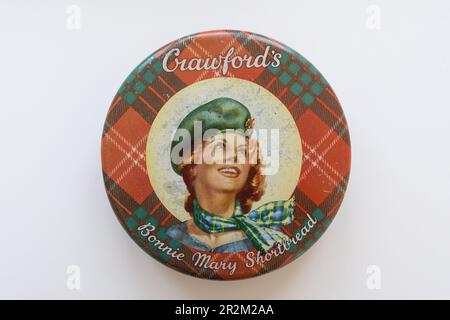 Nahaufnahme eines Crawford's Bonnie Mary Shortbread Keksdose-Deckels Stockfoto