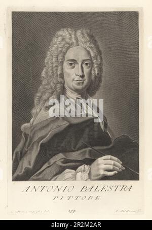 Antonio Balestra, italienischer Maler der Rokoko-Zeit, 1666-1740. In Perücke und Mantel, mit einem Pinsel. Pittore. Copperplate-Gravur von Pietro Antonio Pazzi nach Giovanni Domenico Campiglia nach einem Selbstportrait des Künstlers aus Francesco Moucke's Museo Florentino (Museum Florentinum), Serie di Ritratti de Pittori (Serie von Maler-Porträts) stamperia Mouckiana, Florenz, 1752-62. Stockfoto