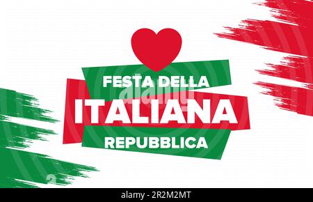 Festa della Repubblica Italiana. Text auf italienisch: Tag der Italienischen Republik. Nationalfeiertag. Wurde am 2. Juni in Italien gefeiert. Italienische Flagge. Vektorposter Stock Vektor