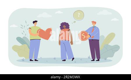 Eine Frau, die zwischen Liebe und Geld wählt Stock Vektor