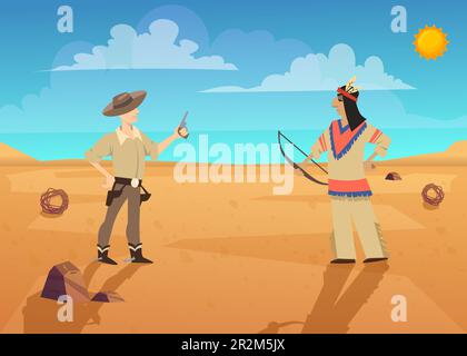 Duell von Cowboy und Indianer in der Wüste Stock Vektor