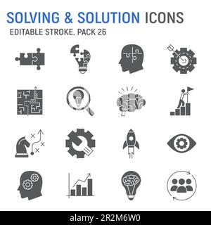 Symbolsatz für Lösungs-Glyphen, Unternehmenssammlung, seo-Vektorgrafiken, Logo-Illustrationen, Lösen von Vektorsymbolen, Optimierungen für Suchmaschinenzeichen, Stock Vektor