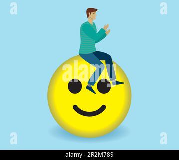 Mann applaudiert, sitzt auf einem großen Lächeln. Vektorillustration. Stock Vektor