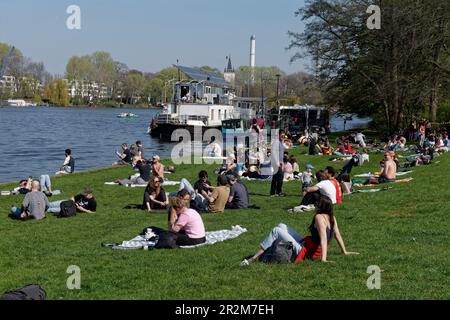 Frühling in Berlin, Liegewiese im Treptower Park am Spreeufer, Treptow-Köpenik, Berlin Stockfoto