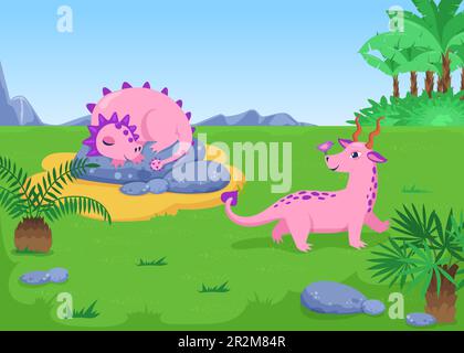 Tropische Landschaft mit pinkfarbenen Dinosaurier-Zeichentrickfilmen Stock Vektor