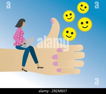Frau mit Laptop, die auf der Hand sitzt, mit okay-Zeichen und gelben, süßen lächelnden Symbolen. Vektorillustration. Stock Vektor