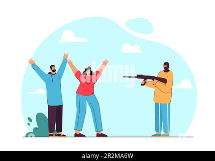 Verbrecher, die mit der Waffe auf Mann und Frau zielen, Flachvektor-Illustration Stock Vektor