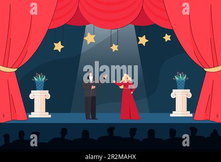 Männliche und weibliche Künstler, die vor dem Publikum auf der Bühne singen Stock Vektor